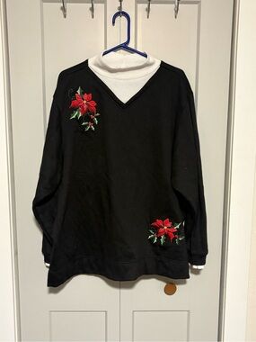 Black V-Neck Sweatshirt with Red Poinsettia Embroidery by Blair